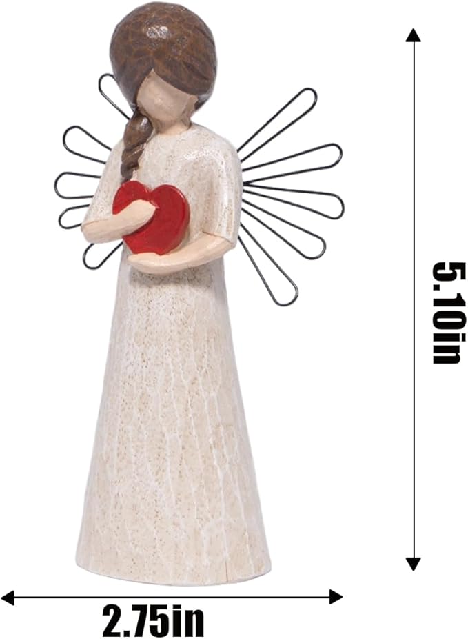 Hodao Angel Figurine with Red Heart, 5.1" Resin Wood-Carved Look with Metal Wire Wings, Hand-Painted Indoor Home Decorations, Spiritual Holiday Decor Ornaments, Gift-Ready Box