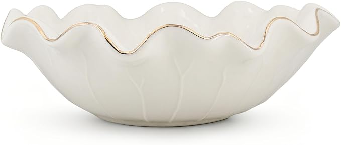 10 Inch White Ceramic Decorative Bowl, Large Shallow Bowl with Ruffle Lotus & Gold Trim - Fruit Display for Kitchen Counter, Modern Dining & Coffee Table Decor Centerpiece, Ideal Housewarming Gift ﻿