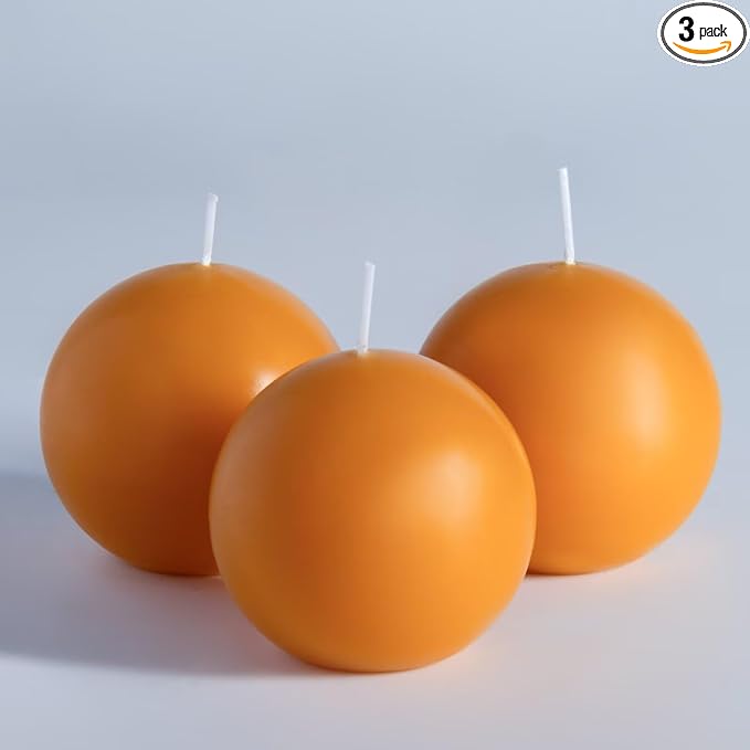 MOZEAL Hand-Poured, 3 Inch Mustard Yellow Round Ball Candles - Elegant Mustard Yellow Round Pillar Candles Set of 3, Dripless, Unscented, Smokeless, Ideal for Autumn Gatherings.