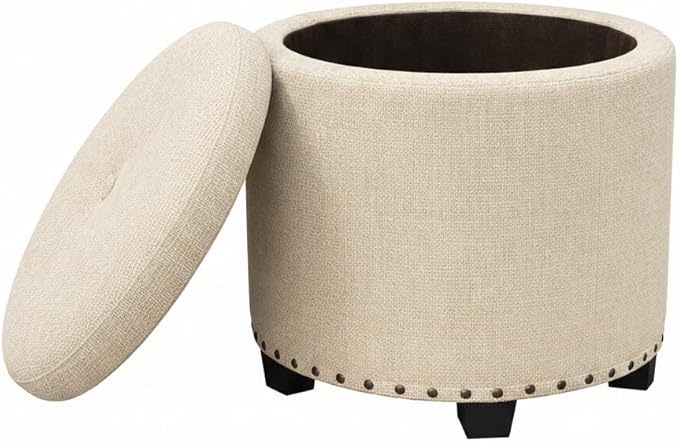 HomePop 18.5" Round Storage Ottoman with Nailheads - Cream Woven