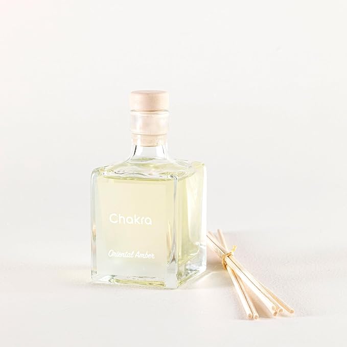 Chakra Reed Diffuser Set - Reed Diffusers for Home, Office and Living Spaces with Long-Lasting Fragrance, Scent Diffuser with Decorative Glass Bottle & Bamboo Sticks, 3.3 fl oz, Oriental Amber