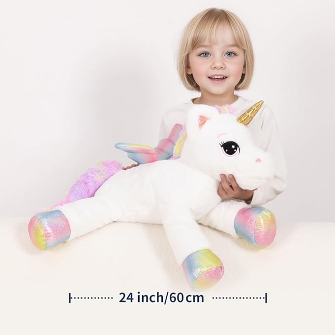 FFxiong 24 Inch Big Unicorn Stuffed Animal Plush Toy Pillow, Cute Soft Giant Unicorn with Rainbow Wings Large Doll, Gift for Children Girls Boys Kids Valentine Birthday Christmas