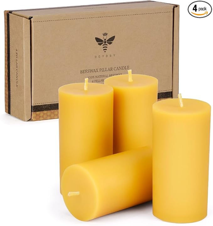 DEYBBY 2 x 4 inch Natural Beeswax Pillar Candles Set of 4, Smokeless Dripless Pure Beeswax Candle Bulk with Natural Scent for for Home Decor Blackout Housewarming Party Event, Long Burn, Yellow