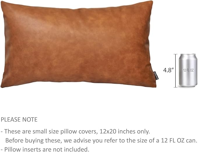 Set of 2 Thick Faux Leather Lumbar Throw Pillow Covers 12x20, Modern Farmhouse Boho Small Long Accent Scandinavian Decor Rectangle Decorative Cushion Cases for Couch Bed Sofa Cognac Brown