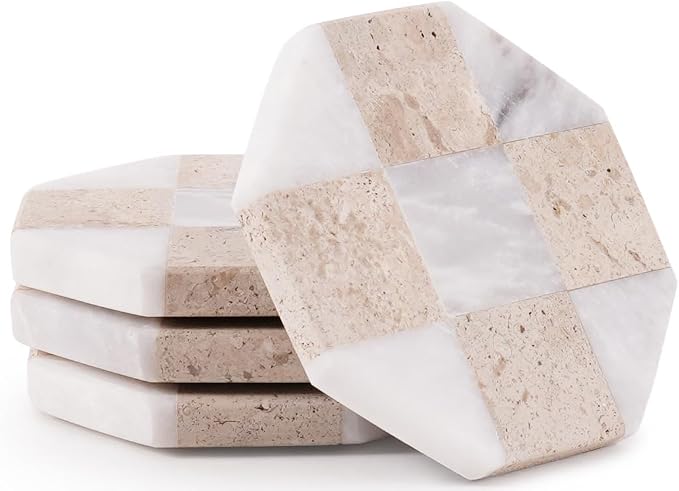 Marble Coasters Set of 4, Travertine & White Matt Handmade 4 inch Star Checkered Stone Coaster, Drink Coasters for Living Room, Trendy Office Desk Accessories & Home Décor