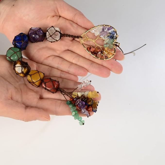 Anjiucc Handmade Crystal Chakra Swing Pendant Mirror Hanging car Accessories Tree of Life Stone Tree feng Shui Home Decoration Window