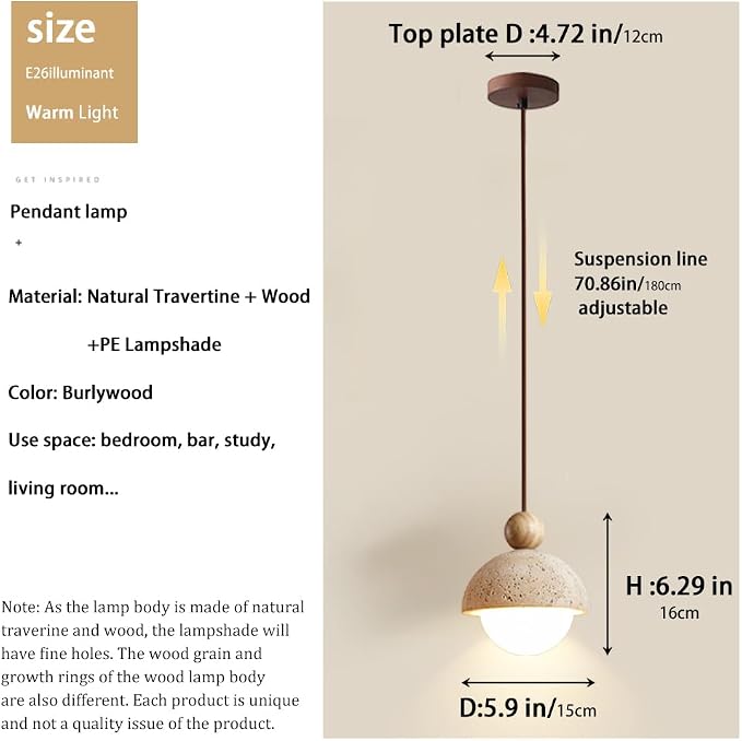 Yellow Travertine Pendant Light Spherical Wabi Sabi Pendant Light Fixture Natural Stone Retro Japanese Style Vintage Mini Wood Nordic Hanging Light for Kitchen Island Bedroom Hallway Bedside (2PCS)