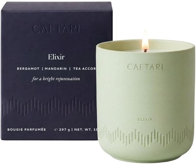 CAFTARI Elixir Scented Candle for Women & Men | Bergamot and Tea Accord | Non Toxic Candle | Premium Soy Coconut Wax Blend | Vegan Aromatherapy | Elegant Ceramic Jar | Luxury Gift | 10.5 oz