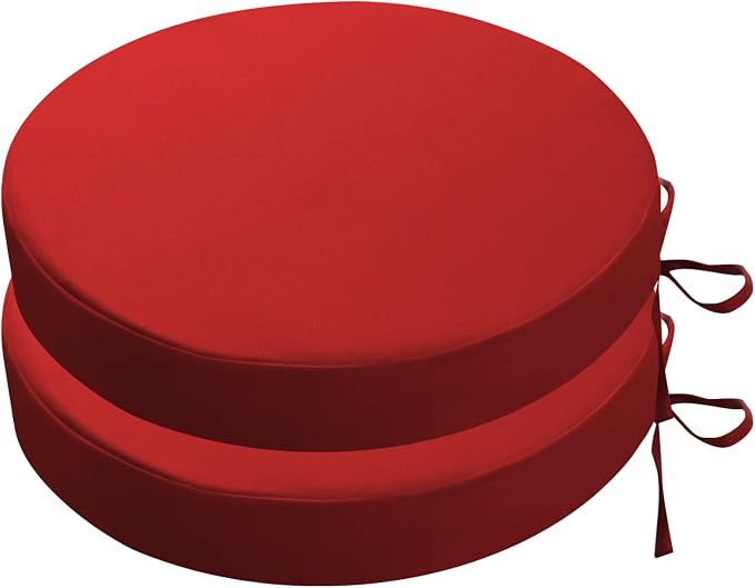 SK Studio Round Outdoor Chair Cushions for Patio Furniture, Set of 2 Waterproof Patio Chair Cushion with Adjustable Ties for Garden Sofa Couch, Red, 17"x17"x3"