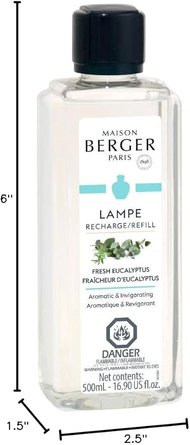 MAISON BERGER Fresh Eucalyptus Lampe Berger Refill, 500 ml (16.9 fl oz), 2-in-1 Catalytic System, Neutralizes Odors and Diffuses Fragrance, Citrus, Green Notes, Lavender, Eucalyptus, Made in France
