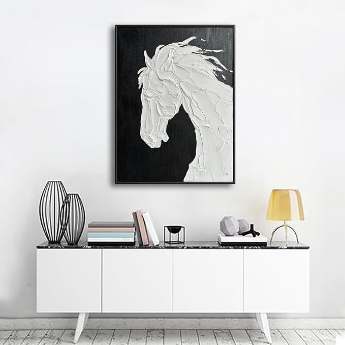 Sofoney - Black Framed Black and White Textured Wall Art Hand Painted 3D Plaster White Horse Oil Painting Modern Minimalist Canvas Wall Decor for Living Room Bedroom - 24"x32"