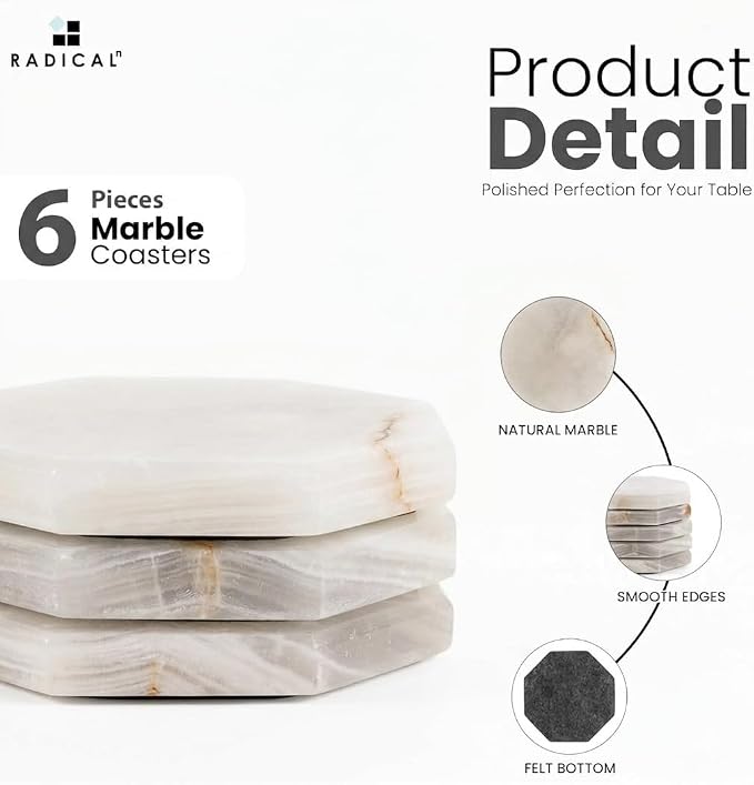 Radicaln Marble Coasters Set of 6 Handmade 3.5" Inch White Onyx Star Coasters for Drinks, Ideal Coaster Set for Dining & Coffee Tables