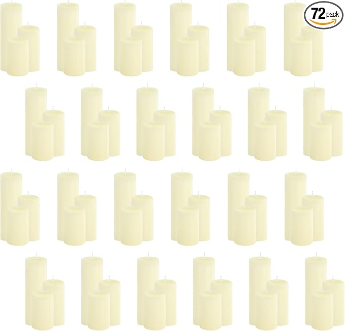 72-Pack Ivory 2-Inch Wide Pillar Candles, Bulk Set of 3 Heights (3, 4, 6 Inch), Dripless Unscented Smokeless Hurricane Candles for Creating Warm Elegant Atmosphere at Weddings and Events.