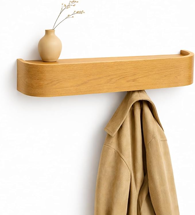MTZ Solid Wooden Wall Mounted Coat Rack with Shelf & 5 Hidden Hooks – Modern Entryway Coat Hanger, Wood Coat Rack for Jackets, Bags & Keys, Minimalist Wall Hook Rack (Oak)