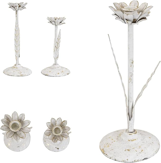 Vintage Lotus Flower Taper Candle Holders Set of 2, Distressed White Gold Metal Candlestick Stands, Rustic Farmhouse Tabletop Centerpiece for Wedding, Dining & Home Decor