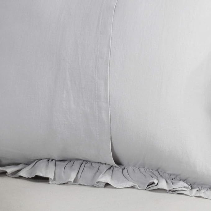 100% French Linen Throw Pillow Covers - Set of 2 - Washed Flax Decorative Ruffled Square Cushion Cover Solid Color Soft Breathable - Grey, 18'' x 18''