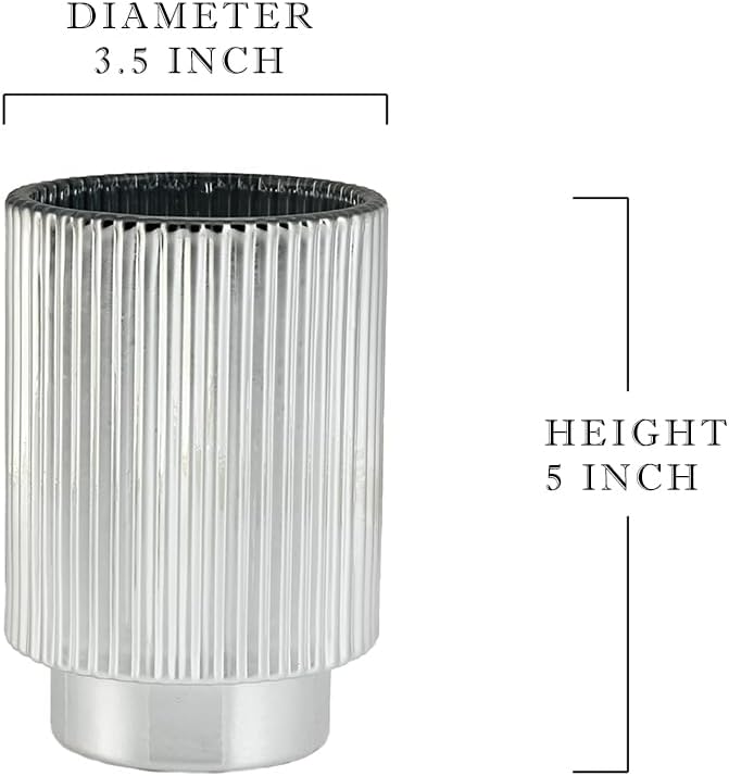 Serene Spaces Living Silver Ribbed Pedestal Glass Votive Holder, Table Centerpiece, Home, Office, Wedding, Birthday, Holiday & Special Events Decor, 3.5" Diameter & 5" Tall
