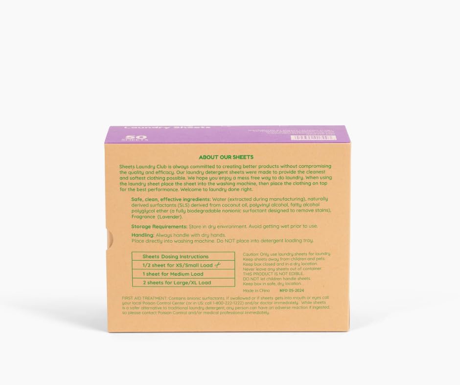 Sheets Laundry Club Laundry Detergent Sheets, 100 Loads - Lavender Scent, Eco-Friendly, Quick-Dissolving Formula, Hypoallergenic, Septic Safe, Plastic-Free Packaging - 50 Sheets