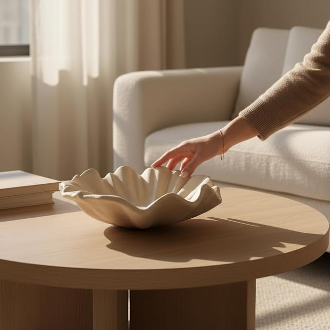 16.34" Large Sandstone Decorative Bowl Decor, Scalloped Pedestal Bowls for Modern Home Decor, Ruffle Decor,Stylish Key Bowl for Entry Table, Decorative Fruit Bowl for Kitchen Counter, Beige