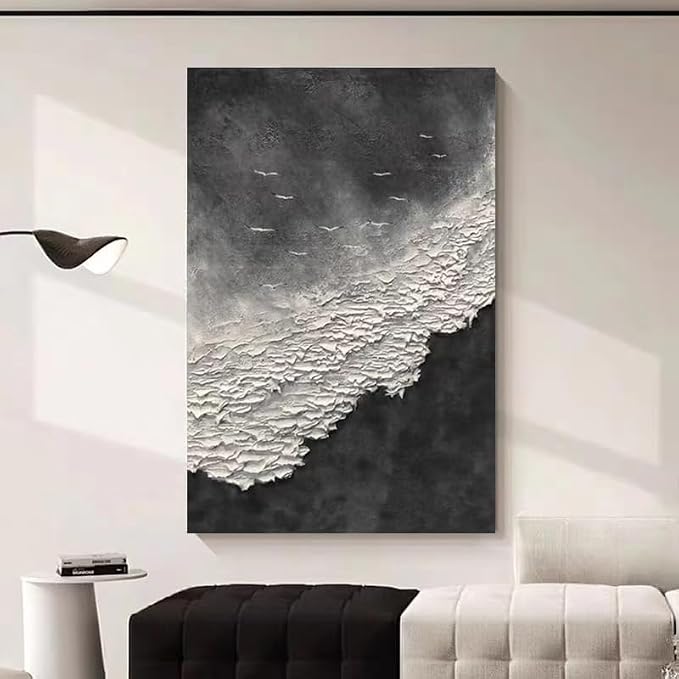 YaSheng Art - Thick Texture Abstract Oil Painting Hand-Painted sea wave Black and White Wall Art Minimalist modern Art Paintings Home Living room Room Dining Room Bedroom Wall Decorative Art Oil Painting 24x36inch