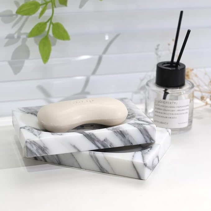 Luxurious Natural Marble Soap Dish Tray Marble Soap Holder Trinket Plate for Bathroom Sink Kitchen Countertop Bedroom Vanity Bathroom Accessory Rectangular (2 Pack)