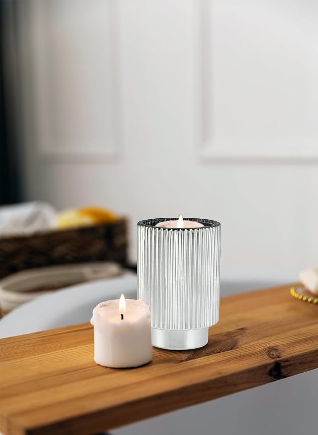 Serene Spaces Living Silver Ribbed Pedestal Glass Votive Holder, Table Centerpiece, Home, Office, Wedding, Birthday, Holiday & Special Events Decor, 3.5" Diameter & 5" Tall