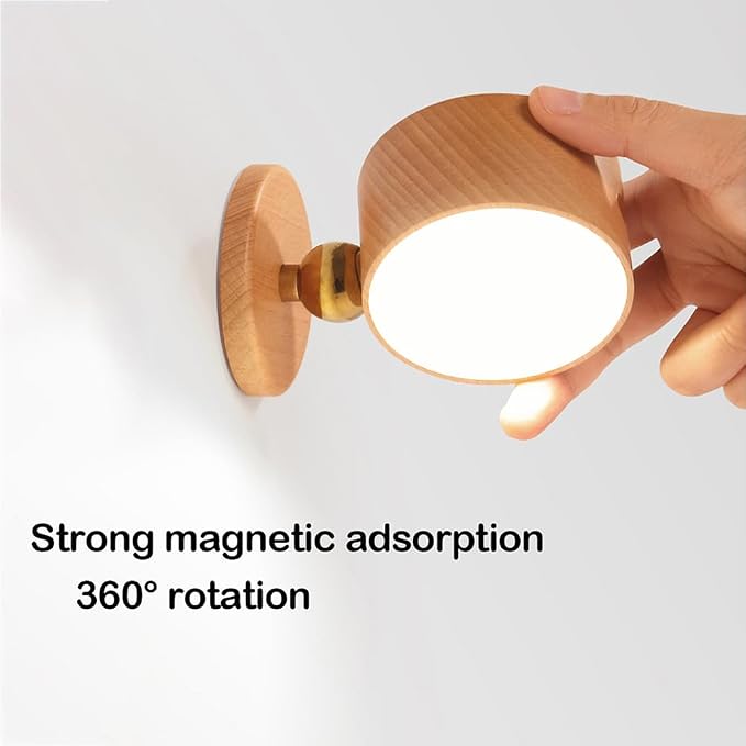 LANDGOO Wood Wall Sconce, Sapele Wood Magnetic 360° Rotatable Cordless Bedside Lamp Set, Rechargeable & Dimmable LED Lights with Touch Control, Wireless Wall Mount for Bedroom