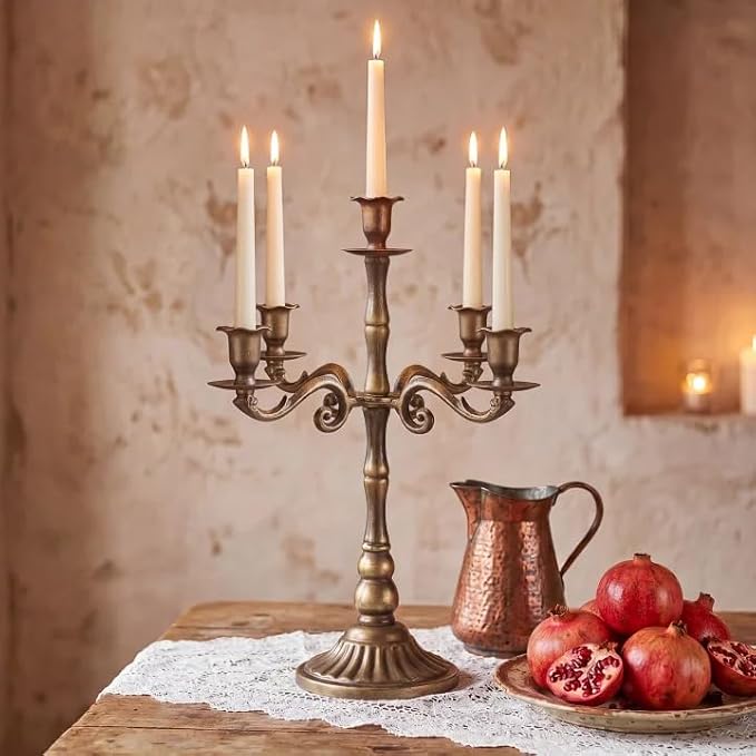 5-Light Metal Floral Candelabra Vintage Bronze Candle Holders Set of 2 for Taper Candles Ornate Antique Farmhouse Brass Candlesticks Centerpiece for Wedding Outdoor Dining Party Mantel Decor