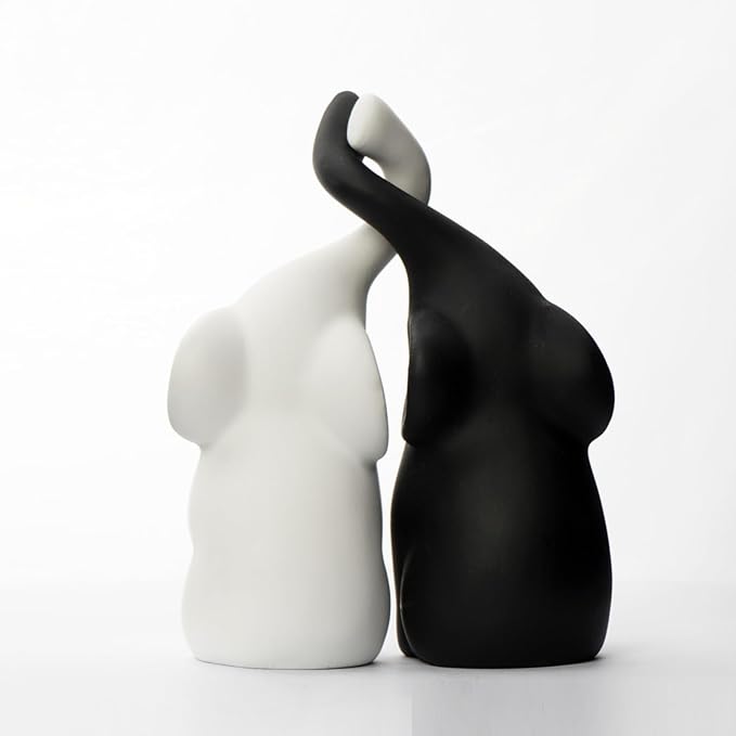 OwMell Set of 2 Loving Elephant Statue Figurine, 6" Elephant Ring Holder, Gifts for Couples Home Lucky Decor - Matte