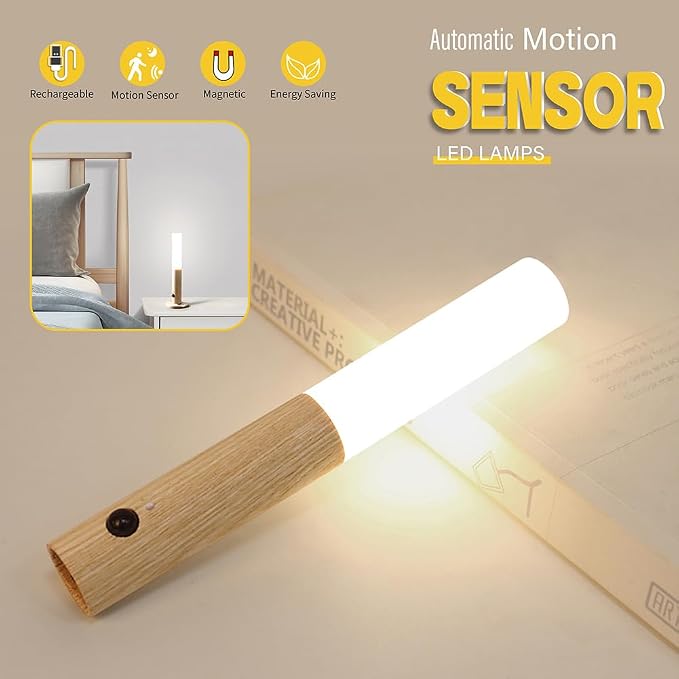 LANDGOO Wooden Motion Sensor Lights Indoor, Ash Wood 2Pcs | Magnet Body, Rechargeable LED, Wireless Battery Operated, Wall Sconce, Portable Decor Torch Night Lighting