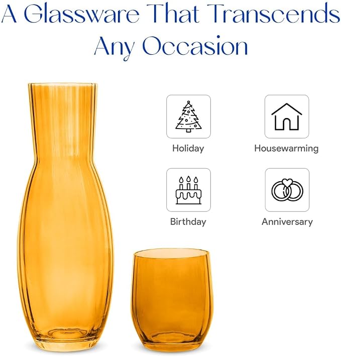 American Atelier 40 oz Bedside Water Carafe with Tumbler – 10.63" Ribbed 2-Piece Glass Set, Pitcher with Cup Lid for Nightstand, Guest Room, Office, Durable & Elegant Drinkware (Amber) (Pack of 2)