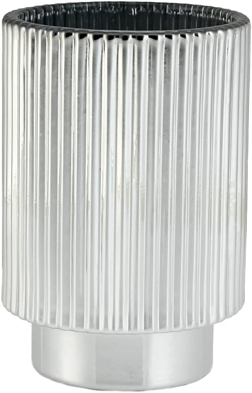 Serene Spaces Living Silver Ribbed Pedestal Glass Votive Holder, Table Centerpiece, Home, Office, Wedding, Birthday, Holiday & Special Events Decor, 3.5" Diameter & 5" Tall