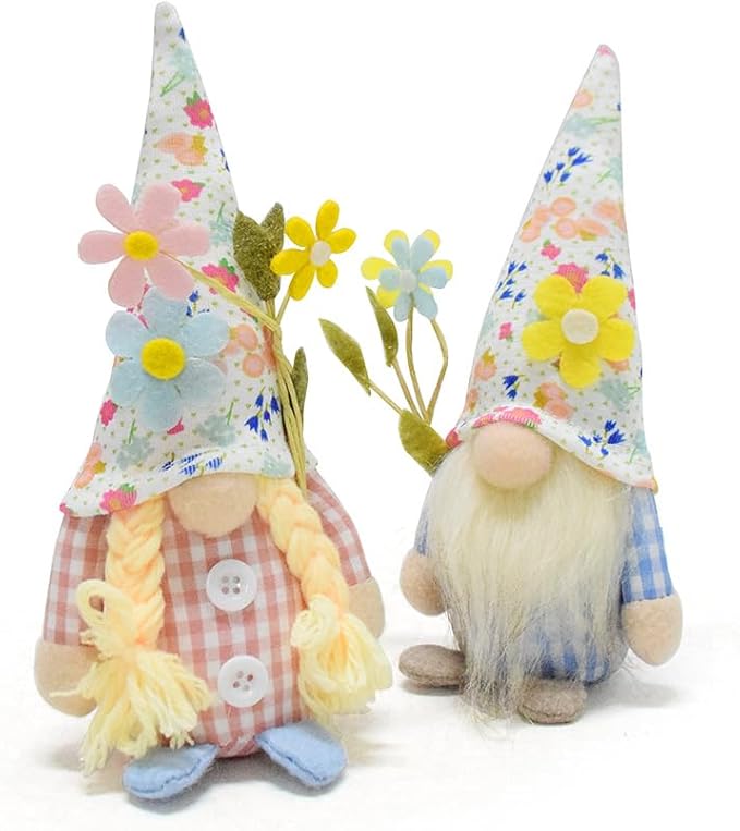 Eimilaly Florals Gnomes Spring Gnome for Home Decorations, Tomte Gnomes Set Ornaments for Garden or Rustic Theme Party Gnome Decor - 2PCS