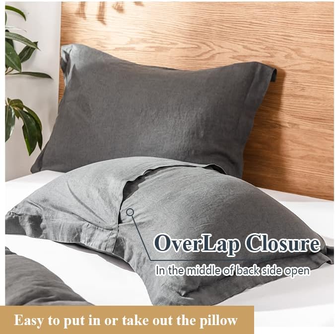 Simple&Opulence 100% Linen Pillow Case Queen Size Set of 2, Dark Grey Pillow Covers with Overlap Closure, Luxury Breathable Pillowcases Protectors Suitable for All-Season (20" X 26", Dark Grey)