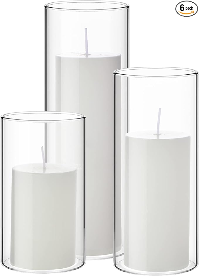 Shihanee Set of 3 Pillar Candles and 3 Glass Cylinder Candle Vases Holders Clear Pillar Jars for Wedding Centerpieces(2.6'' X 4.7'', 5.9'', 7.9'',White)