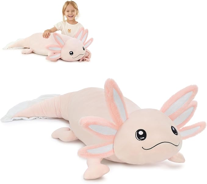 MaoGoLan Giant Glow in The Dark Axolotl Plush Pillow – 48'' Pink Axolotl Stuffed Animal, Hugging Salamander Plush Toy for Kids Girl Boy, Large Salamander Body Pillow Birthday Gift Baby Shower Decor