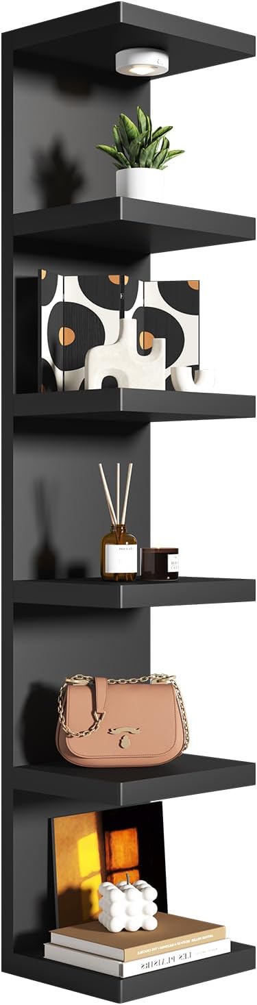 6-Tier Wall Shelf Unit with USB Rechargeable Led Light (Remote Controlled),Versatile Floating Display Shelves,Lack Style Wall Shelves for Bedroom,Living Room,Office Decor,Vanity-Black