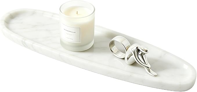 Natural Marble Vanity Tray, 16.6"x4.6" White Real Stone Decorative Tray for Bathroom Countertop & Home Decor, Catchall Organizer for Jewelry, Candles, Cosmetics & Perfume（White）
