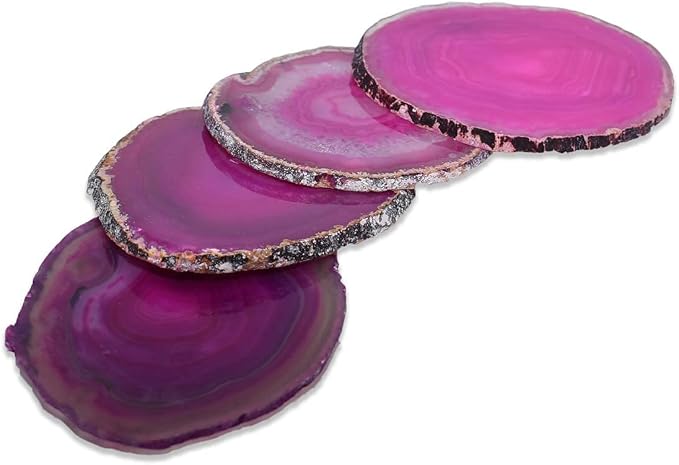 Nature's Decorations Pink Agate Stone Coasters - Set of 4, Polished Geode Drink Mats for Dining & Coffee Table & Kitchen Geode Decor Non-Toxic 3.5-4" Diameter