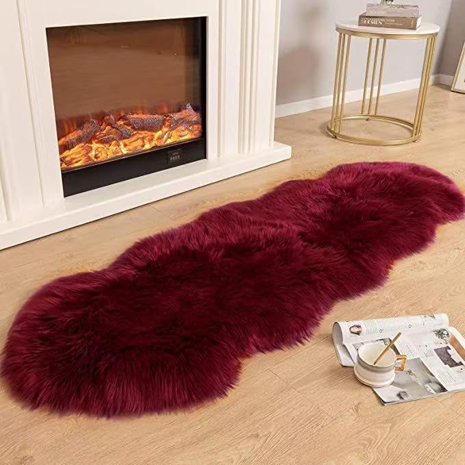 Faux Fur Sheepskin Runner Rug Burgundy 2x6 ft Ultra Soft Shaggy Plush Fluffy Fuzzy Area Carpet Decorative Chair Cover Floor Mat for Bedroom Sofa Living Room Bedside