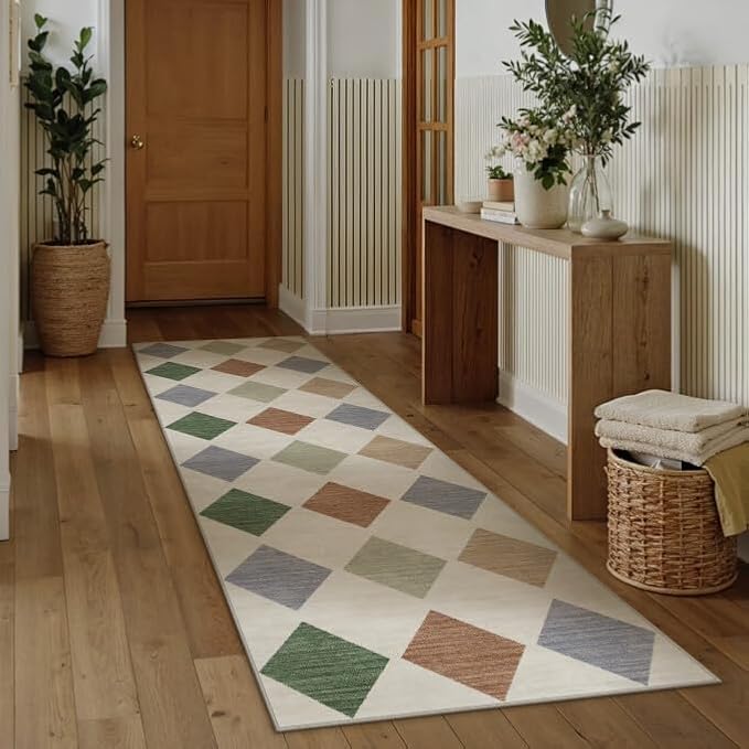 PureCozy Checkered 2'6x8 Runner Rug for Hallways Machine Washable Long Carpet Non-Slip Low Pile Modern Soft Indoor Accent Throw Rugs for Entrance Kitchen Bedroom Dining Laundry