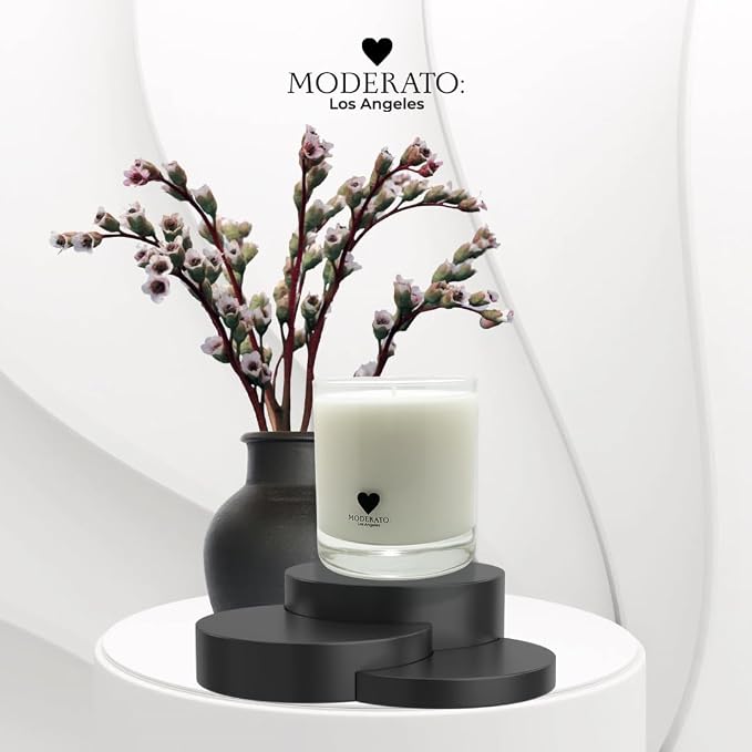 MODERATO Los Angeles No.06 Musique – Luxury Jasmine Gardenia Scented Coconut Wax Candle, Citrus & Wood, Bergamot, Sandalwood, Cedar, Crystal Clear Glass Vessel, 50 Hour Burn, Gift, Made in USA 8.5oz