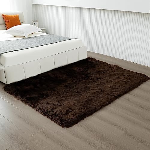 Faux Fur Rug Coffee Sheepskin Area Rug,Ultra Soft 4x6 ft Rectangular Shaggy Plush Rug for Bedroom Sofa Floor Bedside Living Room Kids Room