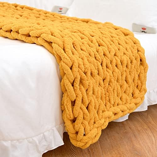 Soft Chunky Knit Throw Blanket for Couch, Cozy Warm Knitted Blankets | Hand Knit with Jumbo Chenille, Lightweight Warm Fluffy Decor for Women, Mom, Her & Girls, Sofa, Chair, Bed, 40"×60"(Yellow)