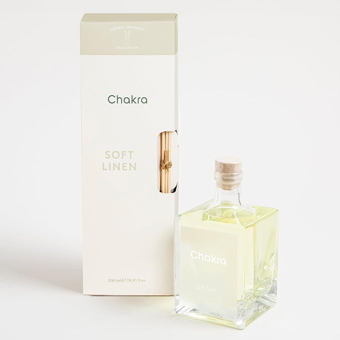 Chakra Reed Diffuser Set - Reed Diffusers for Home, Office and Living Spaces with Long-Lasting Fragrance, Scent Diffuser with Decorative Glass Bottle & Bamboo Sticks, 17 fl oz, Soft Linen