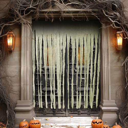 RunNico 2Pcs 85" x 60" Large Halloween Door Curtain Decoration, White Gauze Doorway Curtain, Creepy Cloth Strip Drape for Halloween Horror Theme Party Haunted House Costume Decor