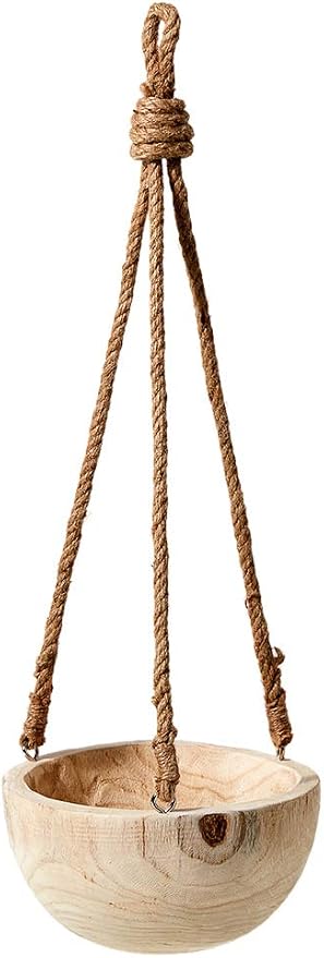 Serene Spaces Living Paulownia Hanging Wood Bowl with Jute Rope, Hanging Faux Succulent and Artificial Plants, Ideal for Home, Garden, Office Decor, Measures 4.5" Tall and 9.25" Diameter