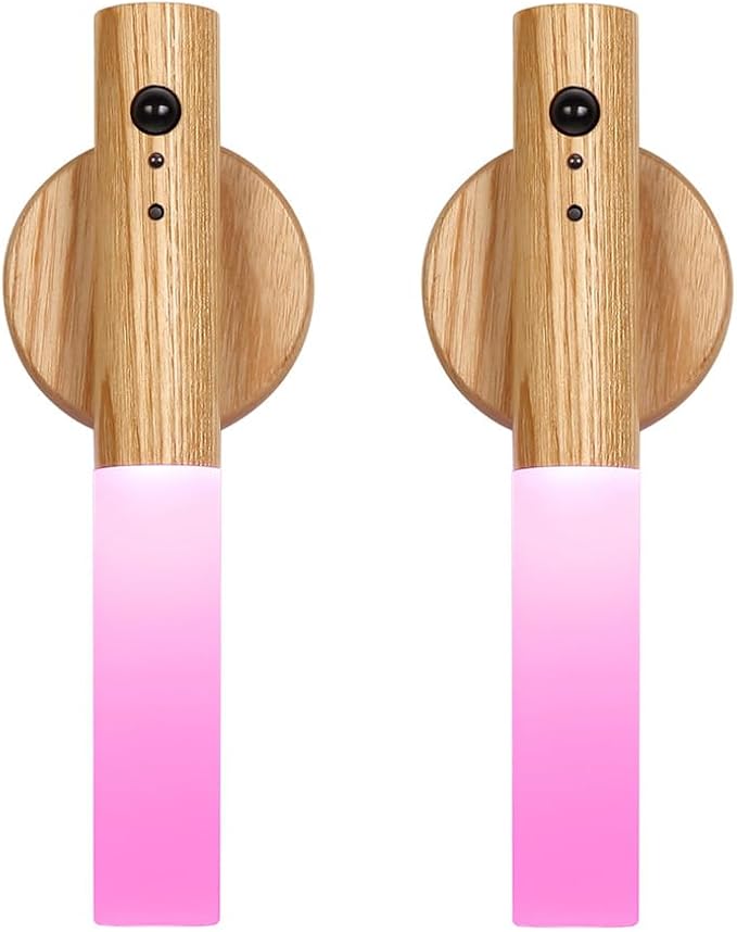 LANDGOO Wooden Motion Sensor RGB Night Light, RGB Ash Wood, 2Pcs | Indoor, Magnet Body, Rechargeable LED, Wireless Battery Operated, Wall Sconce