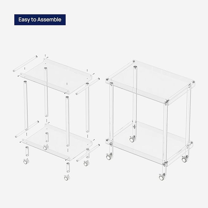 HMYHUM Acrylic Bar Cart, Rolling Serving Cart with 4 Lockable Wheels for the Home Bar, Kitchen, Living Room, Modern, 2-Tier, 23.6" L x 15" W x 30" H, Clear