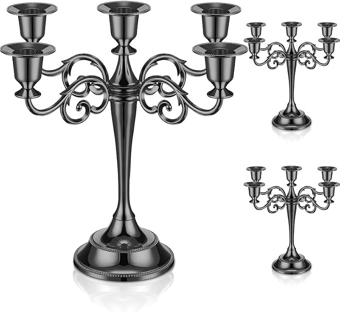 Dandat 3 Pcs 5 Arm Metal Candelabra 10.24 Inch Tall Candlestick Holders Gothic Candle Holder for Home Wedding Church Halloween Theme Party Table Centerpieces(Black)